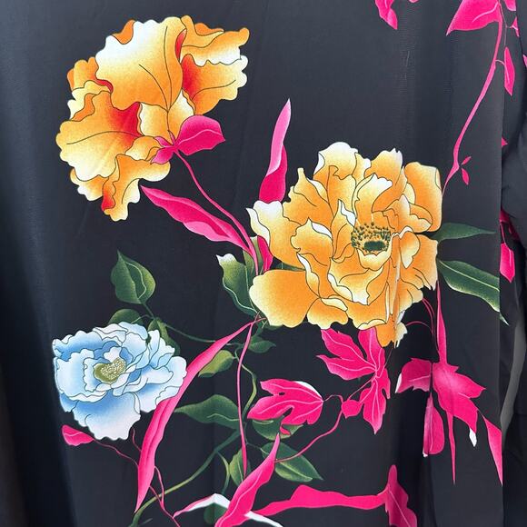 Susan Graver Tunic Blouse Womens L Black Floral Sheer Bell Sleeves Boho Peasant - Picture 3 of 8